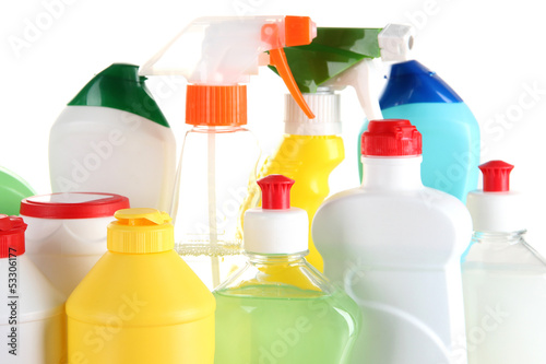 Photo: Different kinds of house cleaners and colorful sponges, gloves Different kinds of house cleaners and colorful sponges, gloves