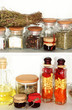 Variety spices on kitchen shelves