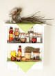 Variety spices on kitchen shelves
