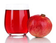 Glass of fresh garnet juice isolated on white