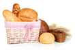 Baked bread in wicker basket isolated on white