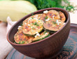 Fried zucchini in an old ceramic bowl