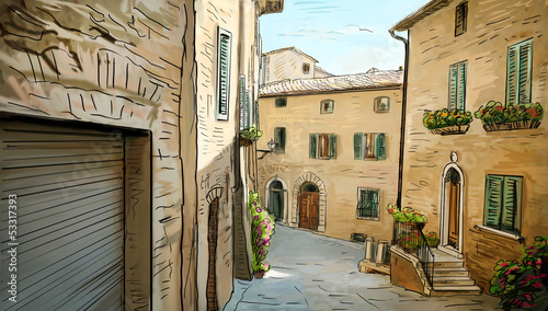 Illustration: Street in Tuscany - illustration Street in Tuscany - illustration