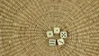 Five dice are shaken by a dice shaker. A Person plays Kniffel.