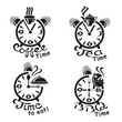 set of banners with a clock and different food and drinks
