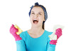 Tired and exhausted cleaning woman screaming