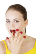 Photo: Smiling casual woman with raspberries Smiling casual woman with raspberries