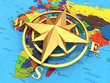 Navigation sign or compass on political map.
