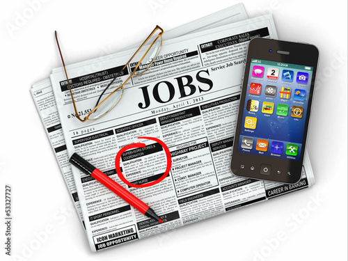 Illustration: Search job. Newspaper with advertisments, glasses and mobile. Search job. Newspaper with advertisments, glasses and mobile.