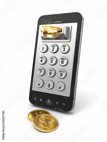 Illustration: Mobile phone payment. Payphone keyboartd and coins. Mobile phone payment. Payphone keyboartd and coins.