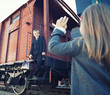 Photo: little boy and little girl in the retro train little boy and little girl in the retro train