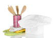 Chef's hat with kitchen towels, potholders and kitchenware