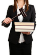 Photo: Woman holding wooden gavel and law books isolated on white Woman holding wooden gavel and law books isolated on white