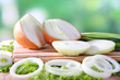 Composition with herbs and onions on nature background