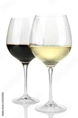 Photo: Two glasses of red and white wine, isolated on white Two glasses of red and white wine, isolated on white