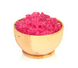 Horseradish sauce with beet in wooden bowl, isolated on white