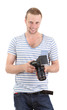 Handsome photographer with camera, isolated on white