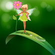 A fairy holding a flower standing above a leaf with a dew