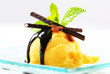 Ice cream with chocolate sauce and mint sticks