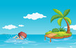 A teenager swimming at the sea with a small island