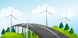A curve bridge with windmills and pine trees