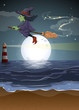 A witch flying in the middle of the night
