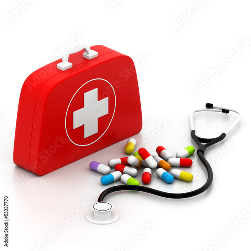 Illustration: First aid kit on white background. First aid kit on white background.