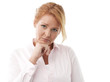 Close-up of a sad young woman against white background