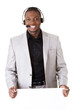 Successful call center worker with blank board