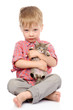 Photo: little boy hugging a kitten. isolated on white background little boy hugging a kitten. isolated on white background