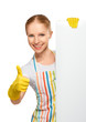 happy  housewife with thumbs up with white empty billboard isola