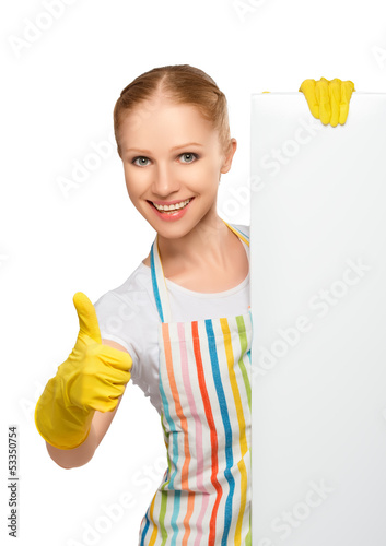 Photo: happy housewife with thumbs up with white empty billboard isola happy housewife with thumbs up with white empty billboard isola