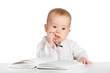 funny baby reading a book isolated on white background