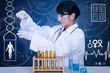 Beautiful doctor analysing liquid on blue