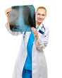 Female doctor examining x-ray, isolated on white background