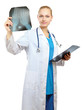 Female doctor examining x-ray, isolated on white background