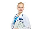 A female doctor with a folder isolated on white background