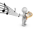 A 3D character playing french horn with notes on a partition.