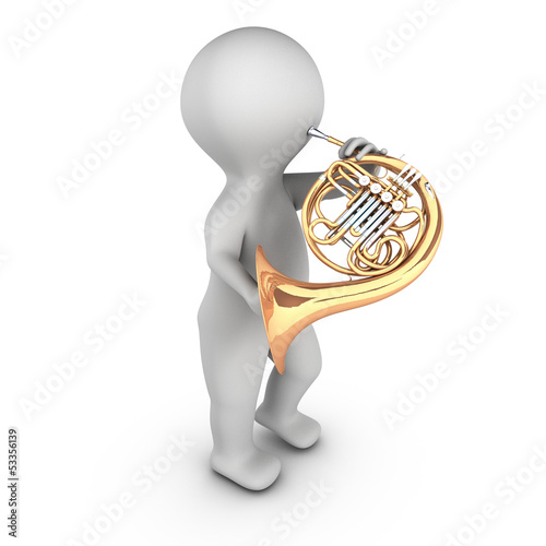 Illustration: A 3D character playing french horn corniste A 3D character playing french horn corniste
