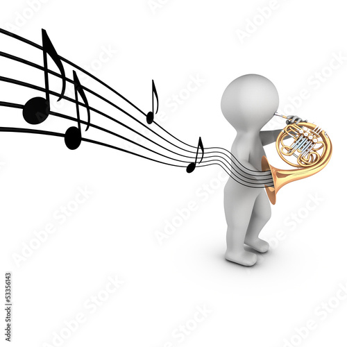 Illustration: A 3D character playing french horn with notes on a partition. A 3D character playing french horn with notes on a partition.