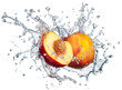 Photo: Peach in spray of water. Peach in spray of water.