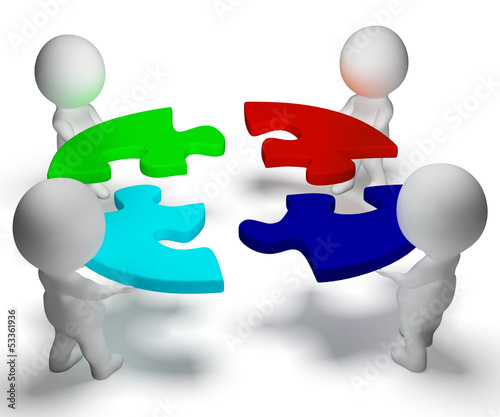 Illustration: Puzzle Solved And 3d Characters Displays Team And Teamwork Puzzle Solved And 3d Characters Displays Team And Teamwork