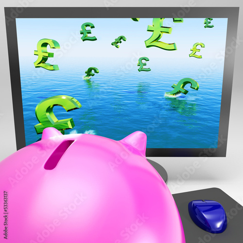 Illustration: Pound Symbols Drowning On Monitor Shows Britain Crisis Pound Symbols Drowning On Monitor Shows Britain Crisis