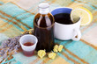 Cough syrup on knitted scarf close-up