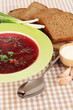 Delicious borsch on table close-up