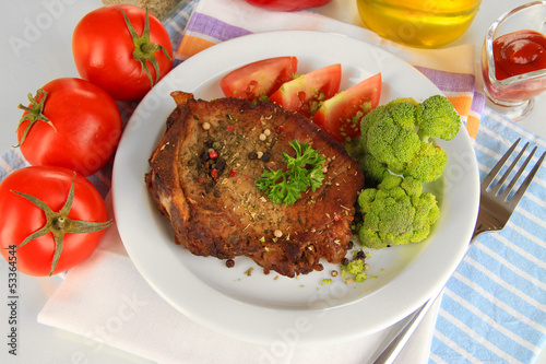 Photo: Piece of fried meat on plate isolated on white Piece of fried meat on plate isolated on white