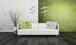 Illustration: Modern white couch against green wall Modern white couch against green wall