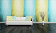 White couch in front of modern green and blue wall