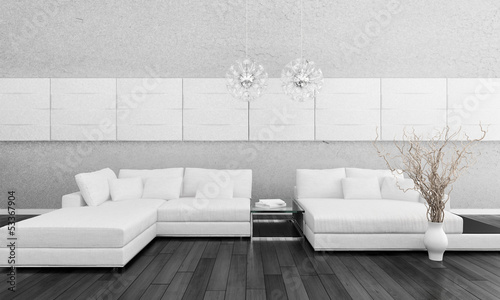 Illustration: Modern white design couch with vase and two lamps Modern white design couch with vase and two lamps