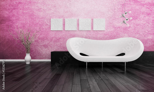 Illustration: Modern white design sofa against pink wall Modern white design sofa against pink wall